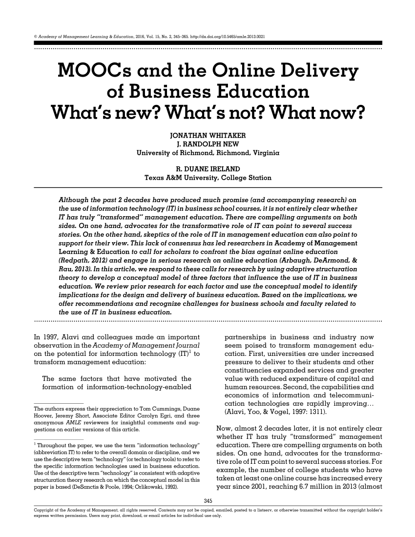 Pdf Moocs And The Online Delivery Of Business Education What S New What S Not What Now