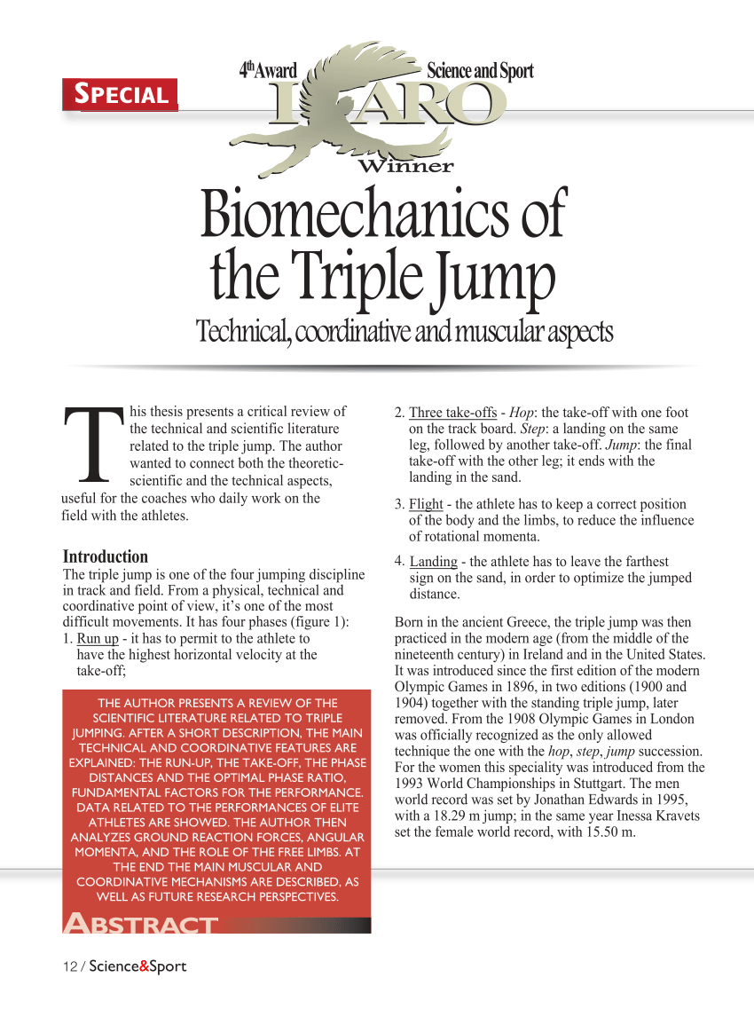 Pdf Biomechanics Of The Triple Jump Technical Coordinative And Muscular Aspects