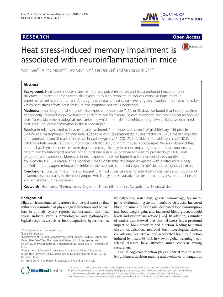 PDF Heat Stress Induced Memory Impairment Is Associated With Neuroinflammation In Mice