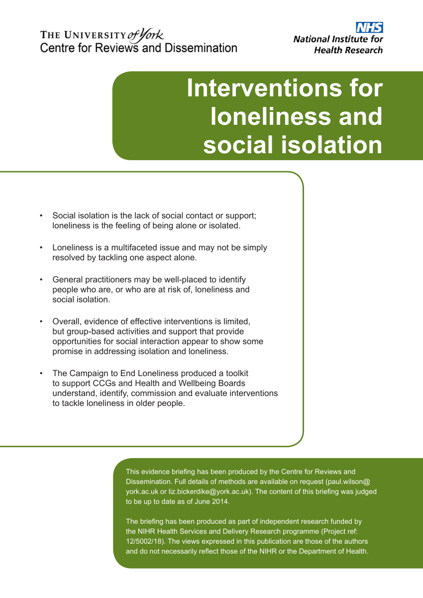 Pdf Interventions For Loneliness And Social Isolation 0968