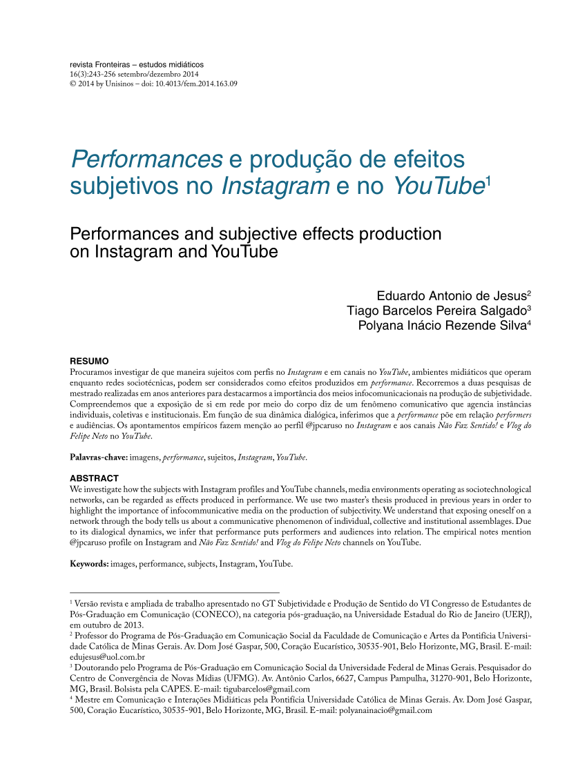PDF) Performances e produção de efeitos subjetivos no Instagram e