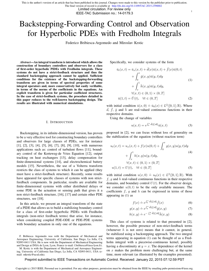 Pdf Backstepping Forwarding Control And Observation For Hyperbolic Pdes With Fredholm Integrals