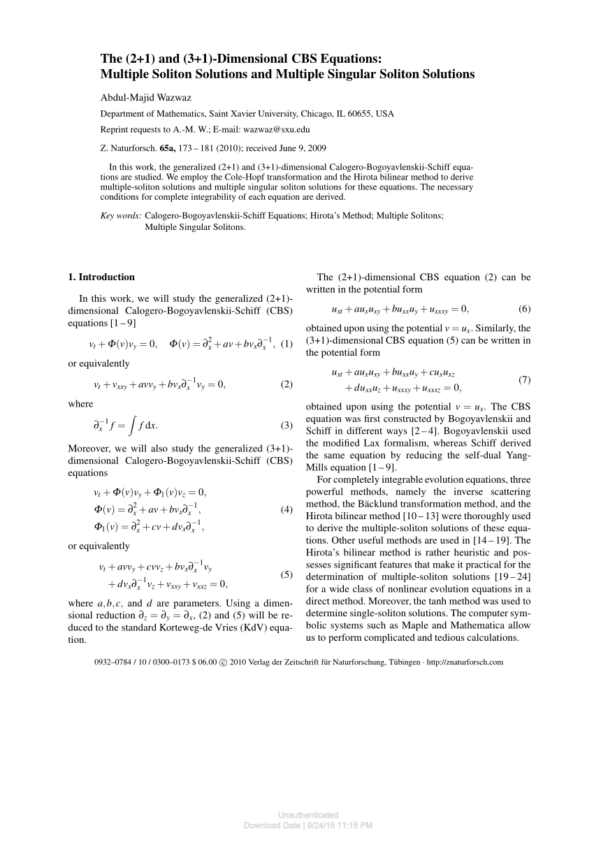 Pdf The 2 1 And 3 1 Dimensional Cbs Equations Multiple Soliton Solutions And Multiple Singular Soliton Solutions