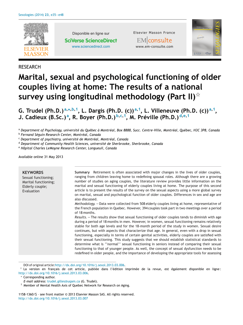 PDF) Marital, sexual and psychological functioning of older couples living at home The results of a national survey using longitudinal methodology (Part picture