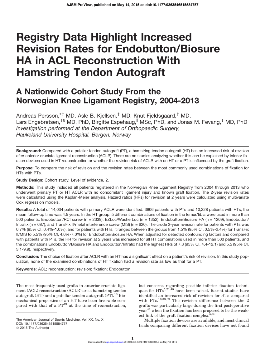 Pdf Registry Data Highlight Increased Revision Rates For Endobutton Biosure Ha In Acl Reconstruction With Hamstring Tendon Autograft A Nationwide Cohort Study From The Norwegian Knee Ligament Registry 04 13