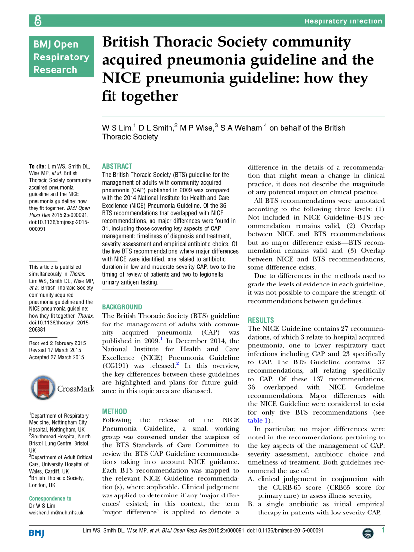 Pdf British Thoracic Society Community Acquired Pneumonia Guideline And The Nice Pneumonia Guideline How They Fit Together