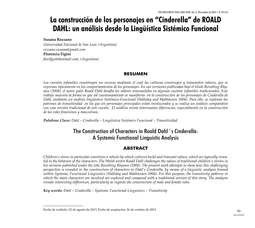 PDF) La construcción de los personajes en “Cinderella” de ROALD DAHL: un  análisis desde la Lingüística Sistémico Funcional