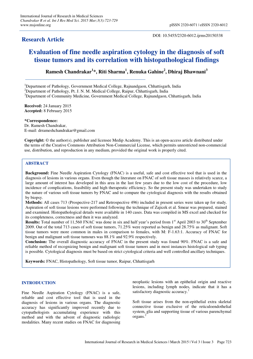 Pdf Evaluation Of Fine Needle Aspiration Cytology In The Diagnosis Of Soft Tissue Tumors And