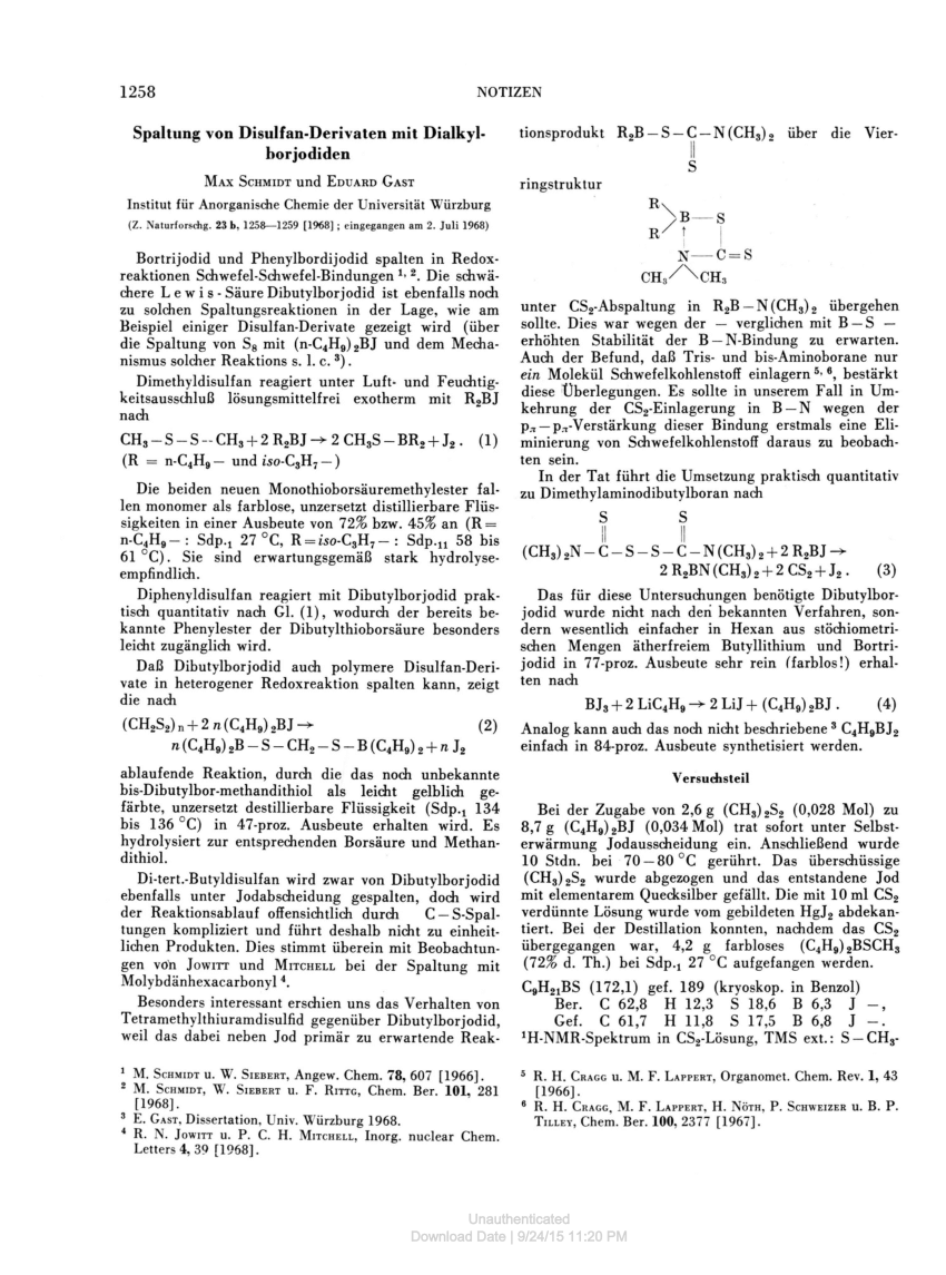 Pdf Notizen Spaltung Von Disulfan Derivaten Mit Dialkylborjodiden