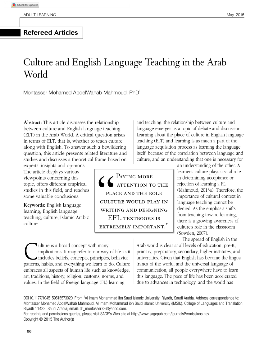 Pdf Culture And English Language Teaching In The Arab World