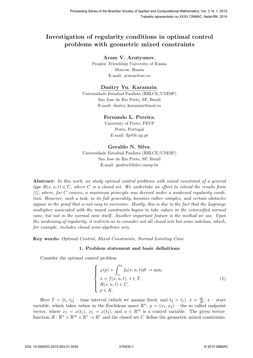 Pdf Investigation Of Regularity Conditions In Optimal Control Problems With Geometric Mixed Constraints