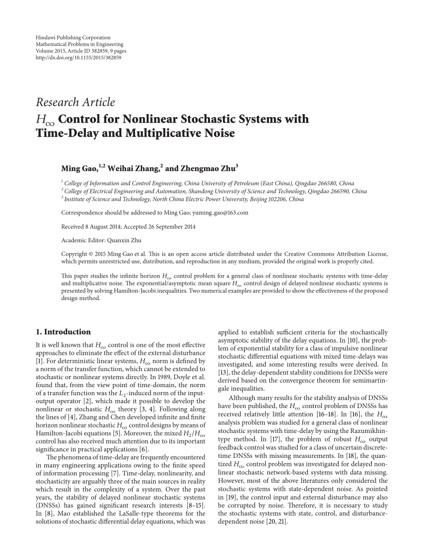 PDF) H ∞ Control for Nonlinear Stochastic Systems with Time-Delay