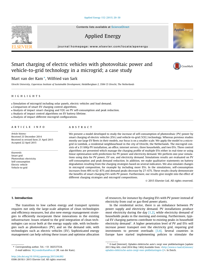 Pdf Smart Charging Of Electric Vehicles With Photovoltaic Power And Vehicle To Grid Technology In A Microgrid A Case Study