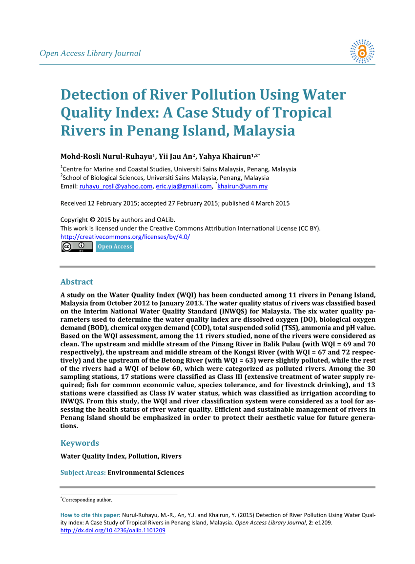 Pdf Detection Of River Pollution Using Water Quality Index A Case Study Of Tropical Rivers In Penang Island Malaysia