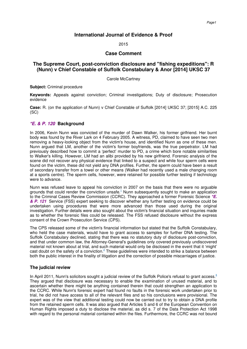 PDF) The Supreme Court, post-conviction disclosure and 'fishing  expeditions': R (Nunn) v Chief Constable of Suffolk Constabulary & Anor  [2014] UKSC 37