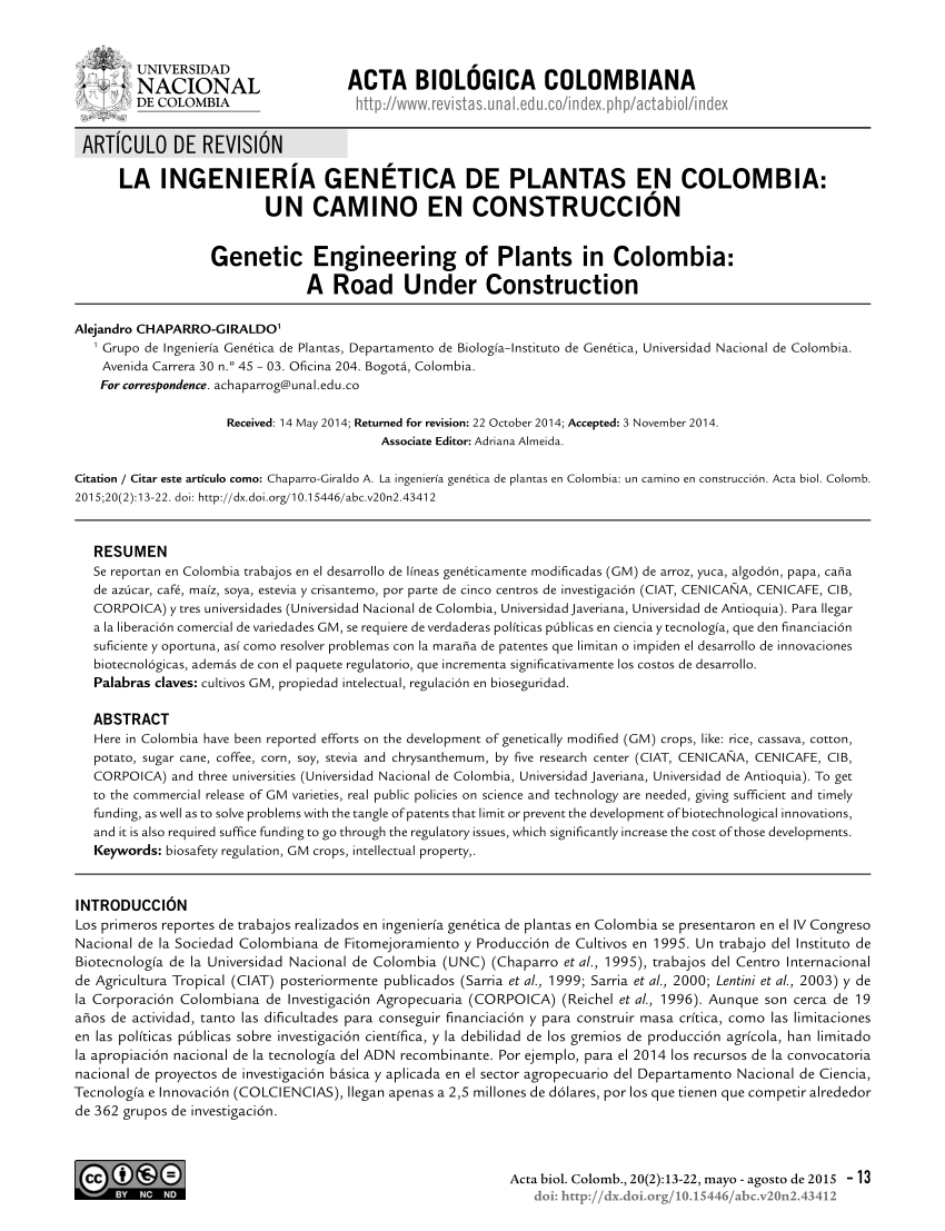 PDF) LA INGENIERÍA GENÉTICA DE PLANTAS EN COLOMBIA: UN CAMINO EN  CONSTRUCCIÓN