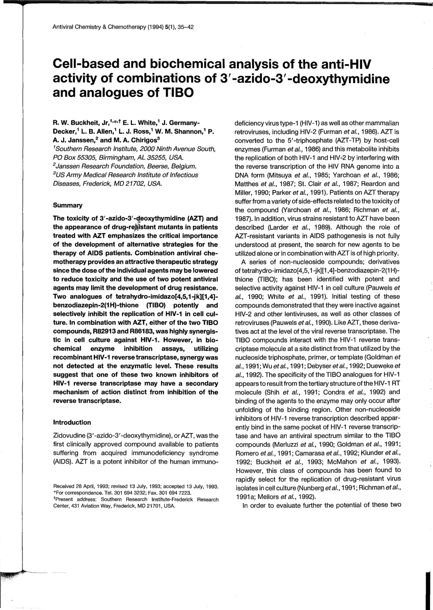 Pdf Cell Based And Biochemical Analysis Of The Anti Hiv Activity Of Combinations Of 3 Azido 3 Deoxythymidine And Analogues Of Tibo