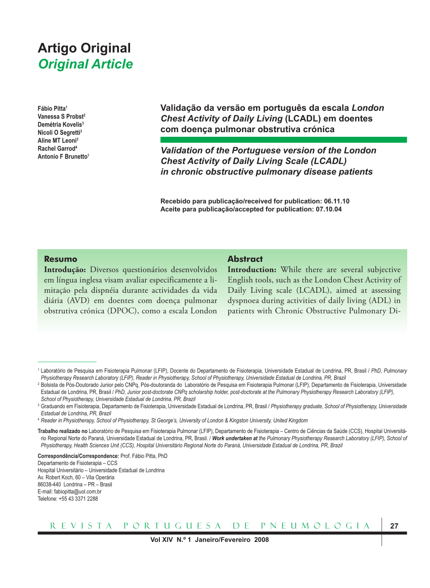 PDF) Validação da versão em português da escala London Chest Activity of  Daily Living (LCADL) em doentes com doença pulmonar obstrutiva crónica
