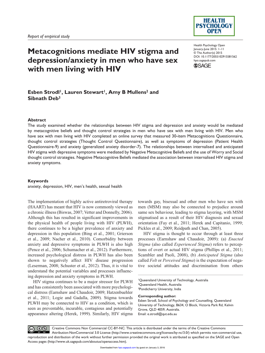 Pdf Metacognitions Mediate Hiv Stigma And Depression Anxiety In Men Who Have Sex With Men