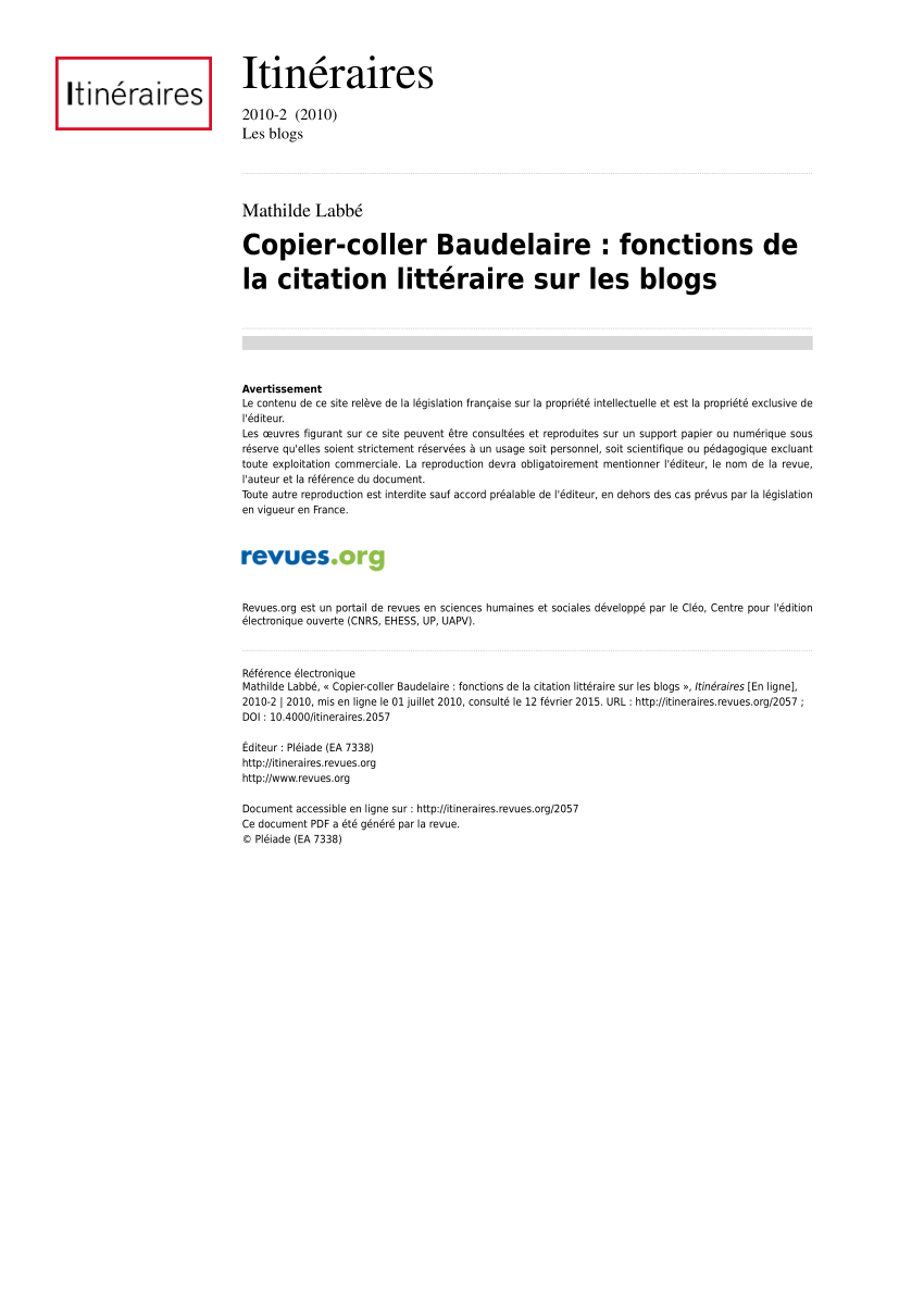 Pdf Copier Coller Baudelaire Fonctions De La Citation Litteraire Sur Les Blogs