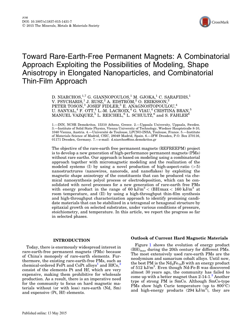 Pdf Toward Rare Earth Free Permanent Magnets A Combinatorial Approach Exploiting The Possibilities Of Modeling Shape Anisotropy In Elongated Nanoparticles And Combinatorial Thin Film Approach