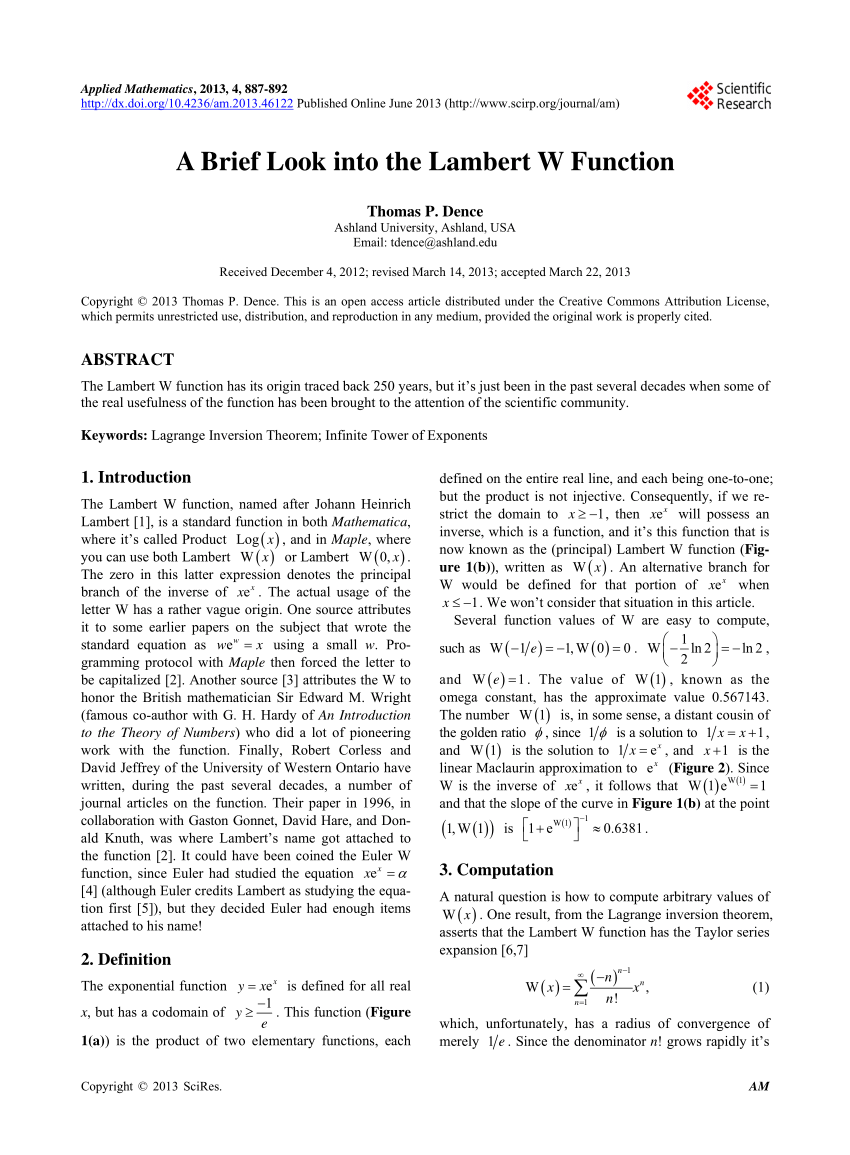 Pdf A Brief Look Into The Lambert W Function