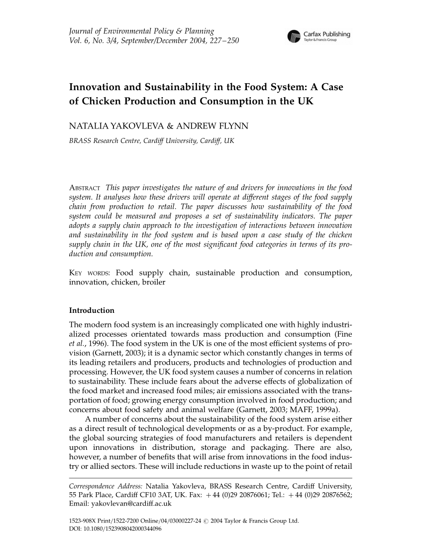 Pdf Innovation And Sustainability In The Food System A Case Of Chicken Production And Consumption In The Uk