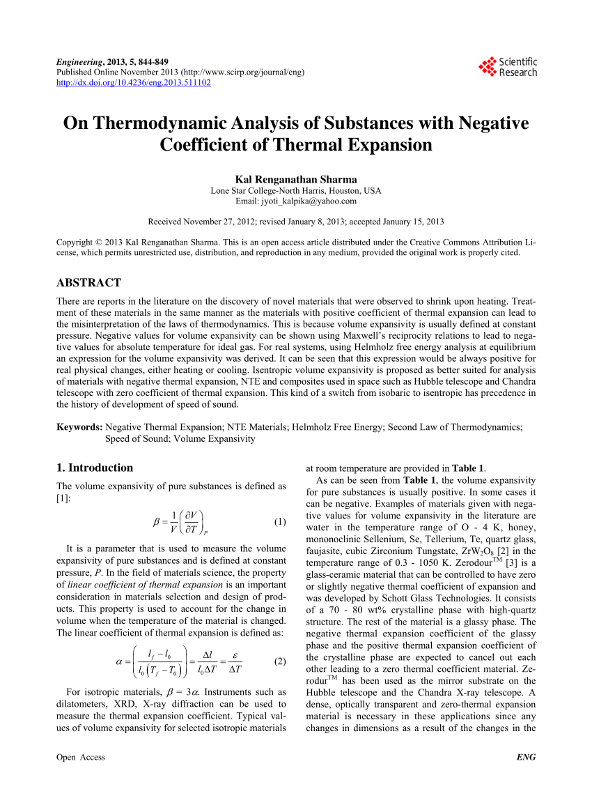 Pdf On Thermodynamic Analysis Of Substances With Negative Coefficient Of Thermal Expansion