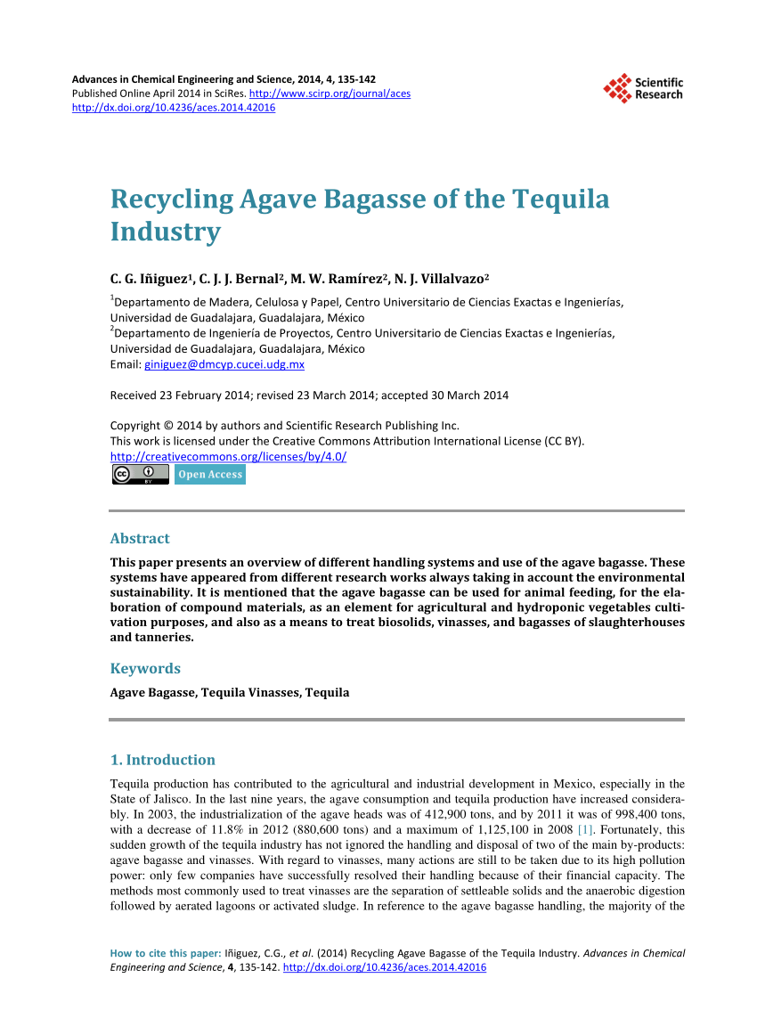 Pdf Recycling Agave Bagasse Of The Tequila Industry