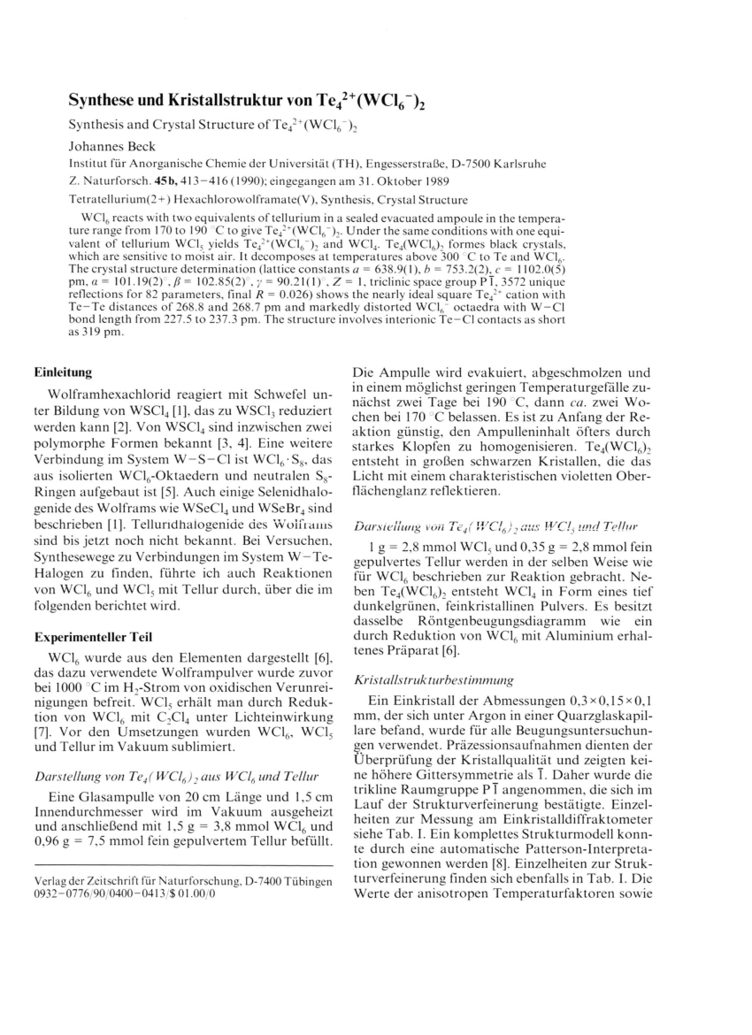 PDF) Synthese und Kristallstruktur von Te42+(WCl6-)2 / Synthesis