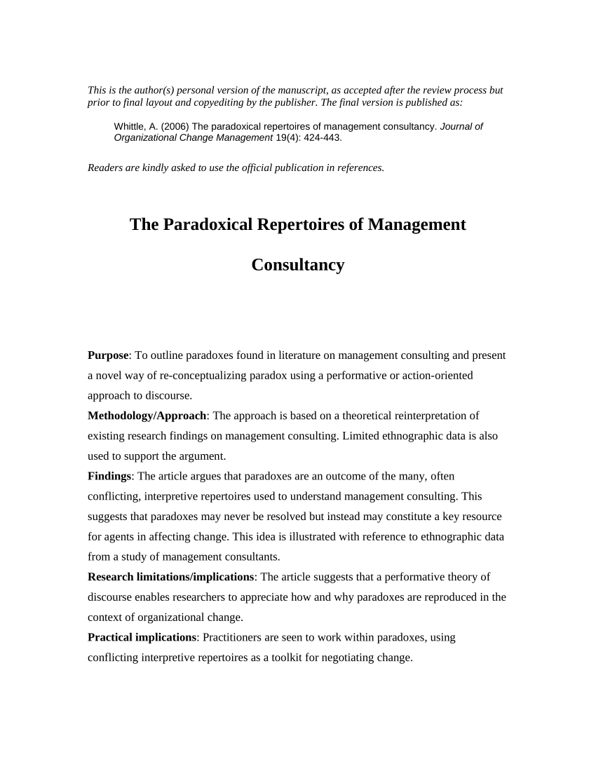 Pdf The Paradoxical Repertoires Of Management Consultancy