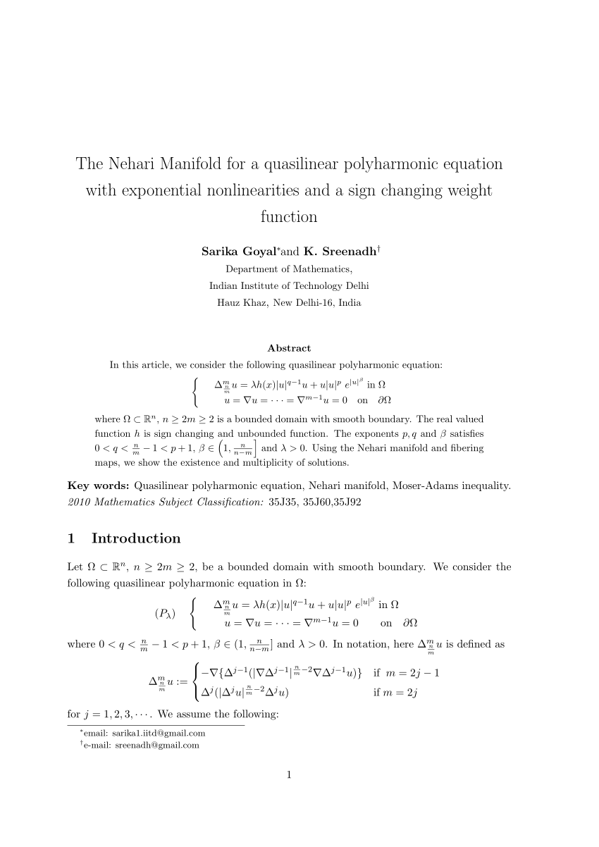 Pdf The Nehari Manifold For A Quasilinear Polyharmonic Equation With Exponential Nonlinearities And A Sign Changing Weight Function