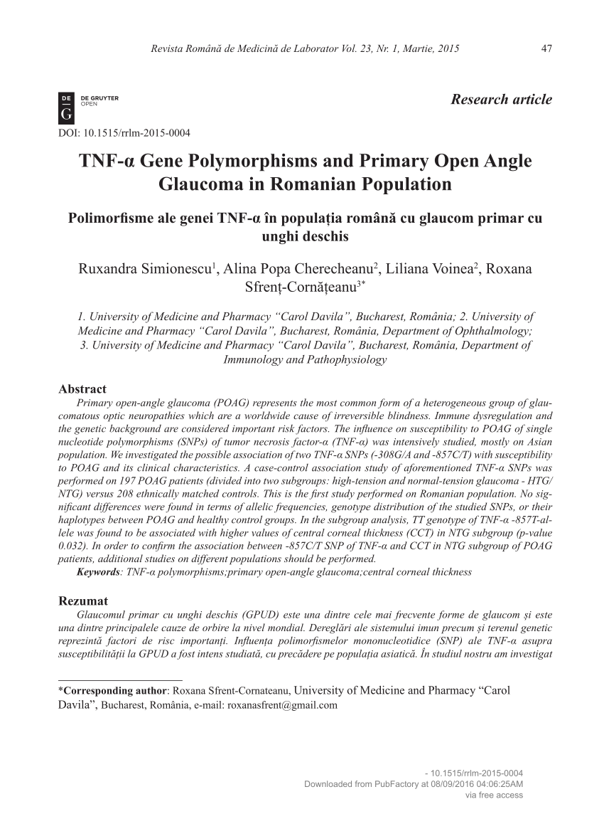 Pdf Tnf A Gene Polymorphisms And Primary Open Angle Glaucoma In