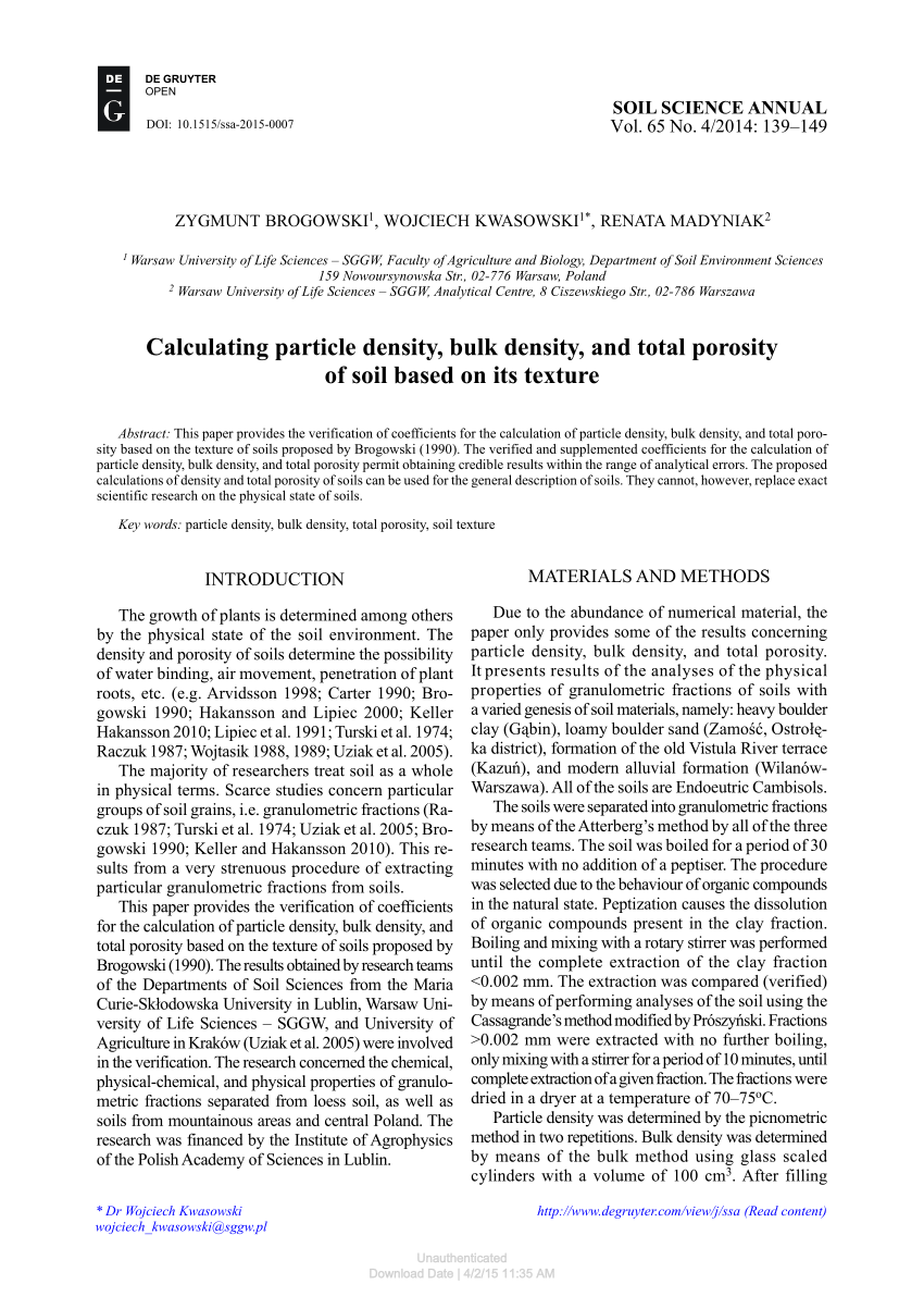 Pdf Calculating Particle Density Bulk Density And Total Porosity Of Soil Based On Its Texture