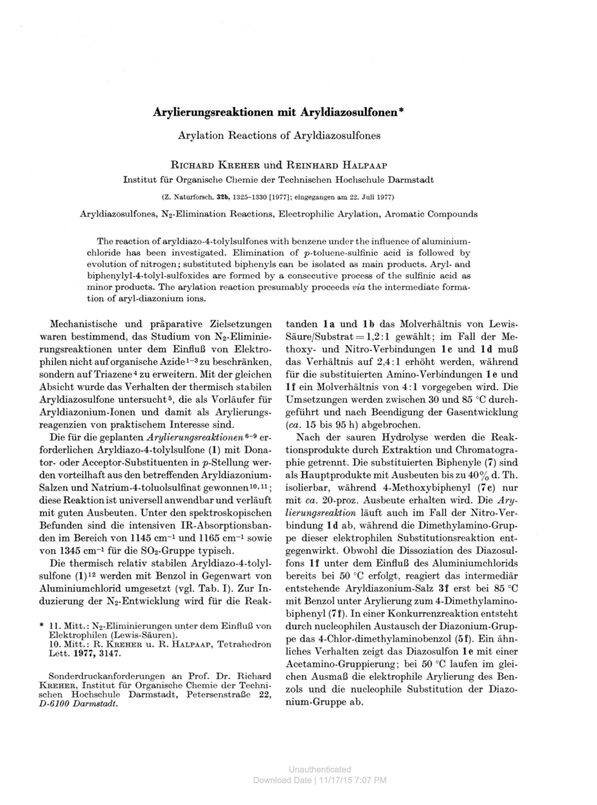 Pdf Arylierungsreaktionen Mit Aryldiazosulfonen Arylation Reactions Of Aryldiazosulfones