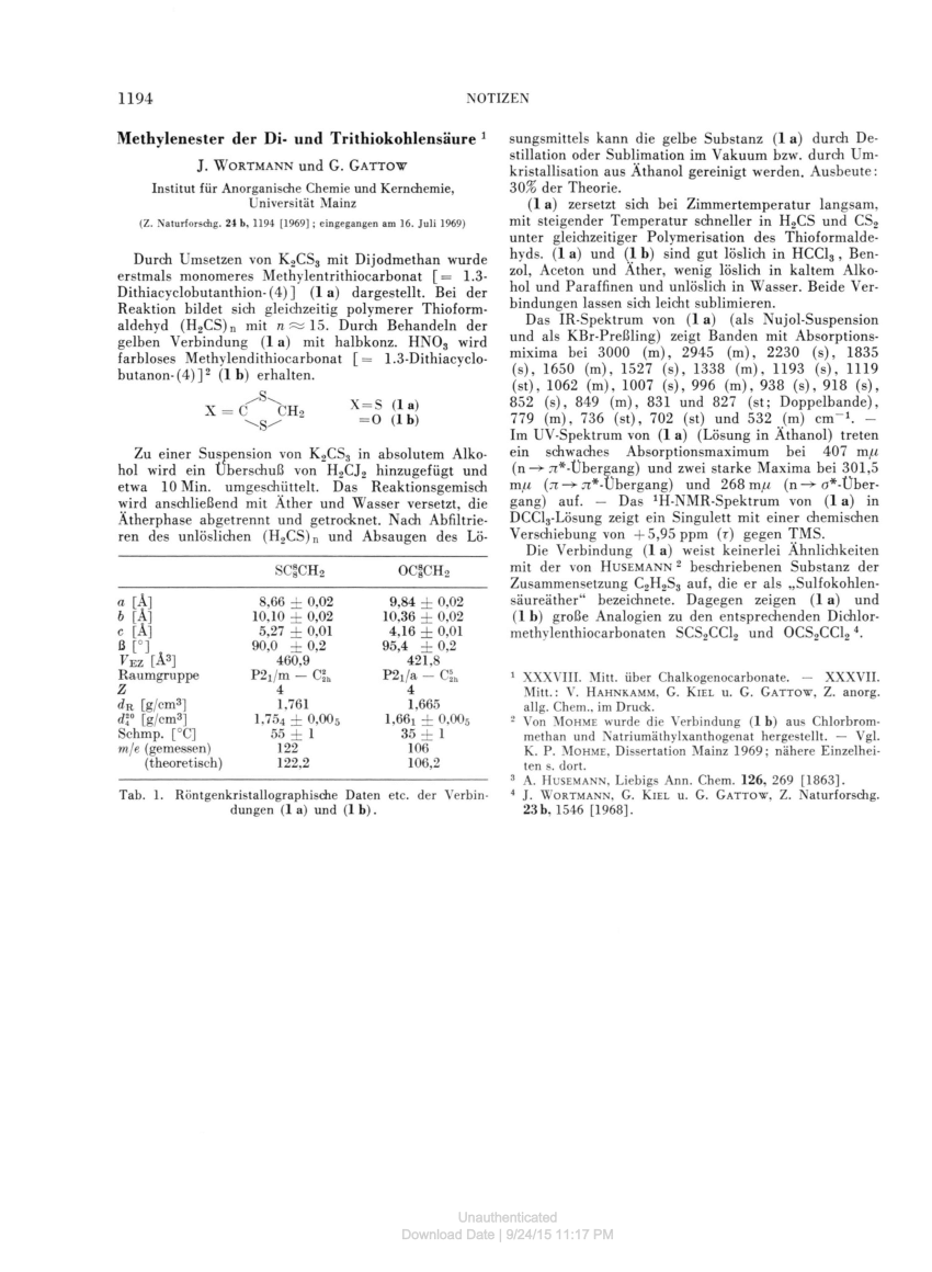 Pdf Notizen Methylenester Der Di Und Trithiokohlensaure 1
