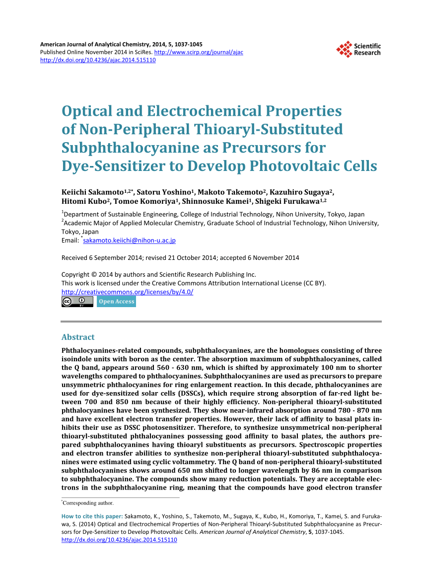 Pdf Optical And Electrochemical Properties Of Non Peripheral Thioaryl Substituted Subphthalocyanine As Precursors For Dye Sensitizer To Develop Photovoltaic Cells