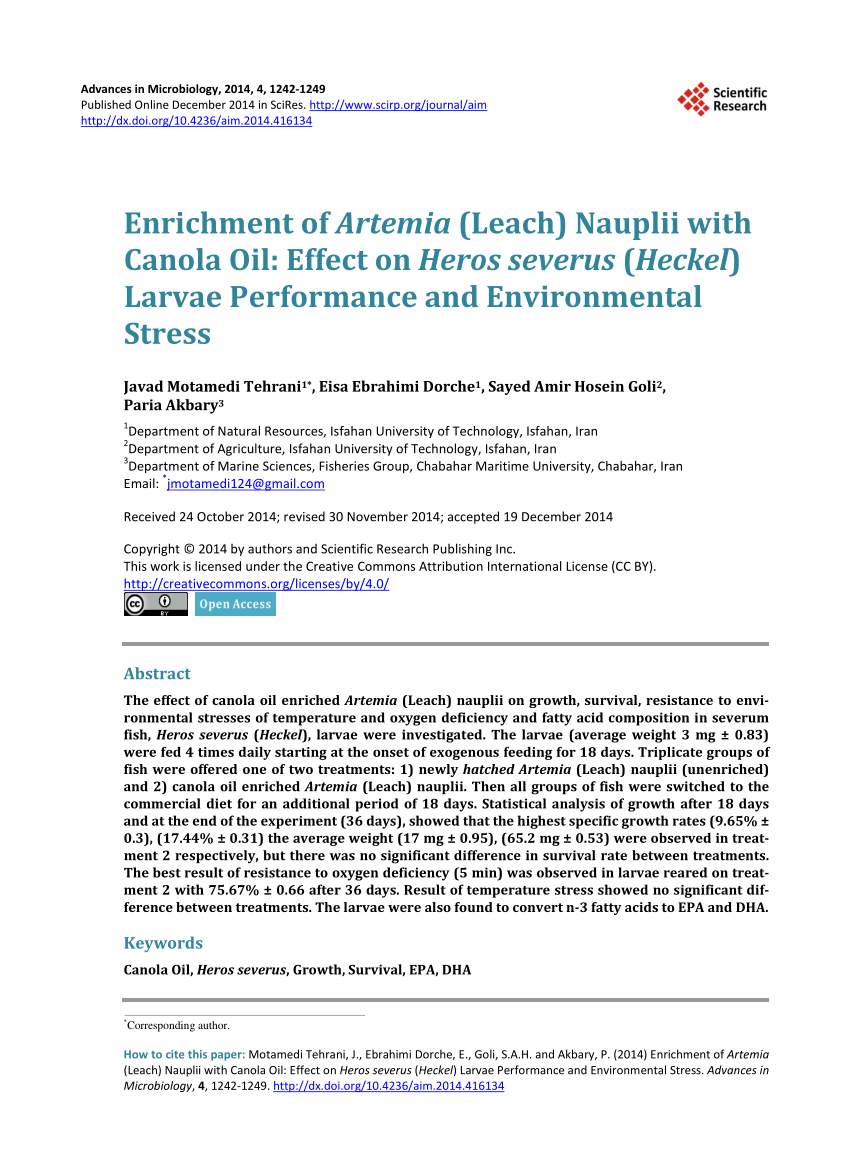 Pdf Enrichment Of Artemia Leach Nauplii With Canola Oil Effect On Heros Severus Heckel Larvae Performance And Environmental Stress