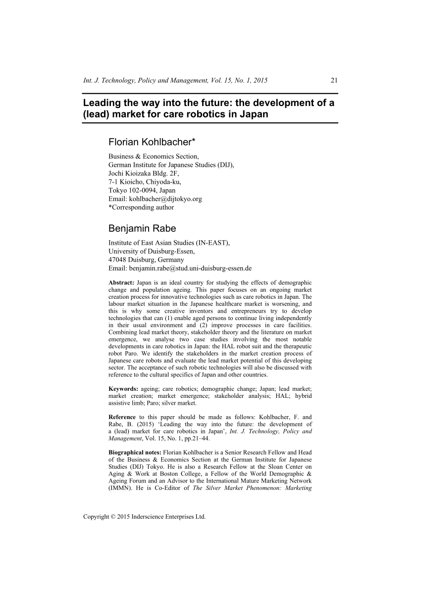 Pdf Leading The Way Into The Future The Development Of A Lead Market For Care Robotics In Japan