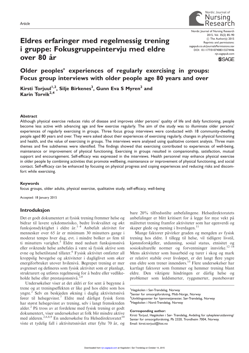 Pdf Eldres Erfaringer Med Regelmessig Trening I Gruppe Fokusgruppeintervju Med Eldre Over 80 Ar