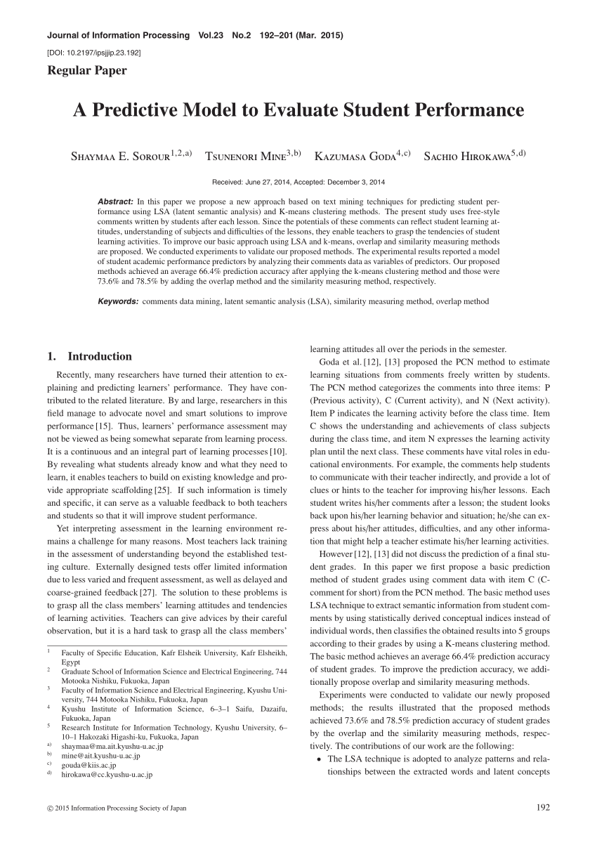 published research paper about predictive model related to student's performance