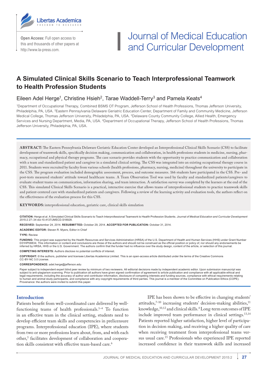 Pdf A Simulated Clinical Skills Scenario To Teach Interprofessional Teamwork To Health Profession Students