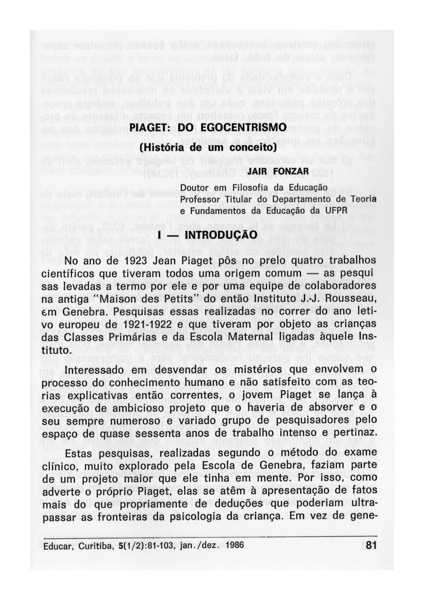 PDF Piaget do egocentrismo Hist ria de um conceito