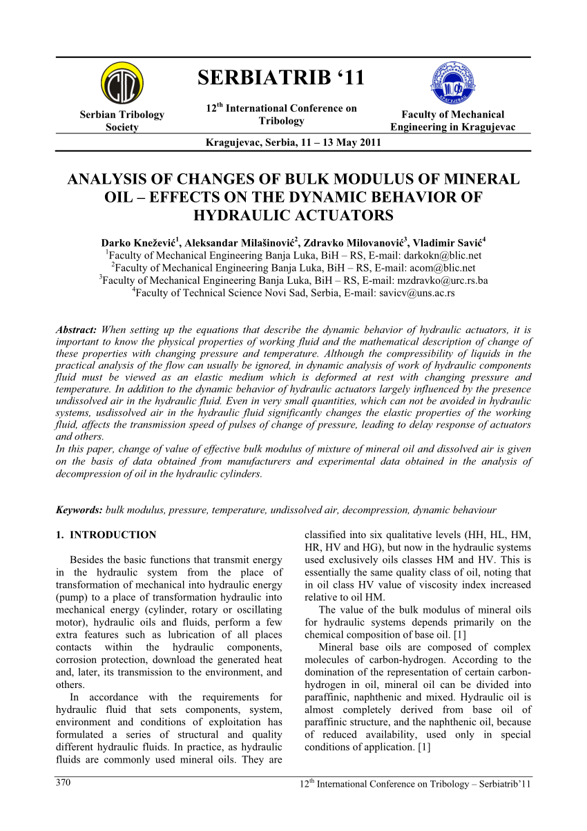 (PDF) ANALYSIS OF CHANGES OF BULK MODULUS OF MINERAL OIL EFFECTS ON