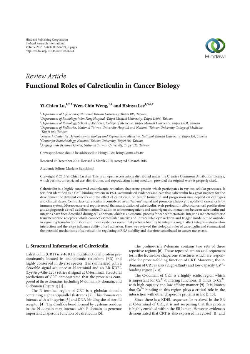 Pdf Functional Roles Of Calreticulin In Cancer Biology