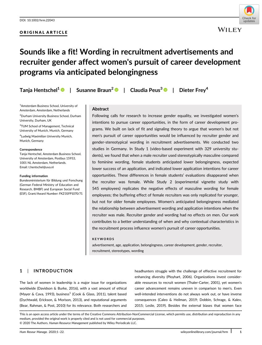 Pdf Wording Of Advertisements Influences Women S Intention To Apply For Career Opportunities