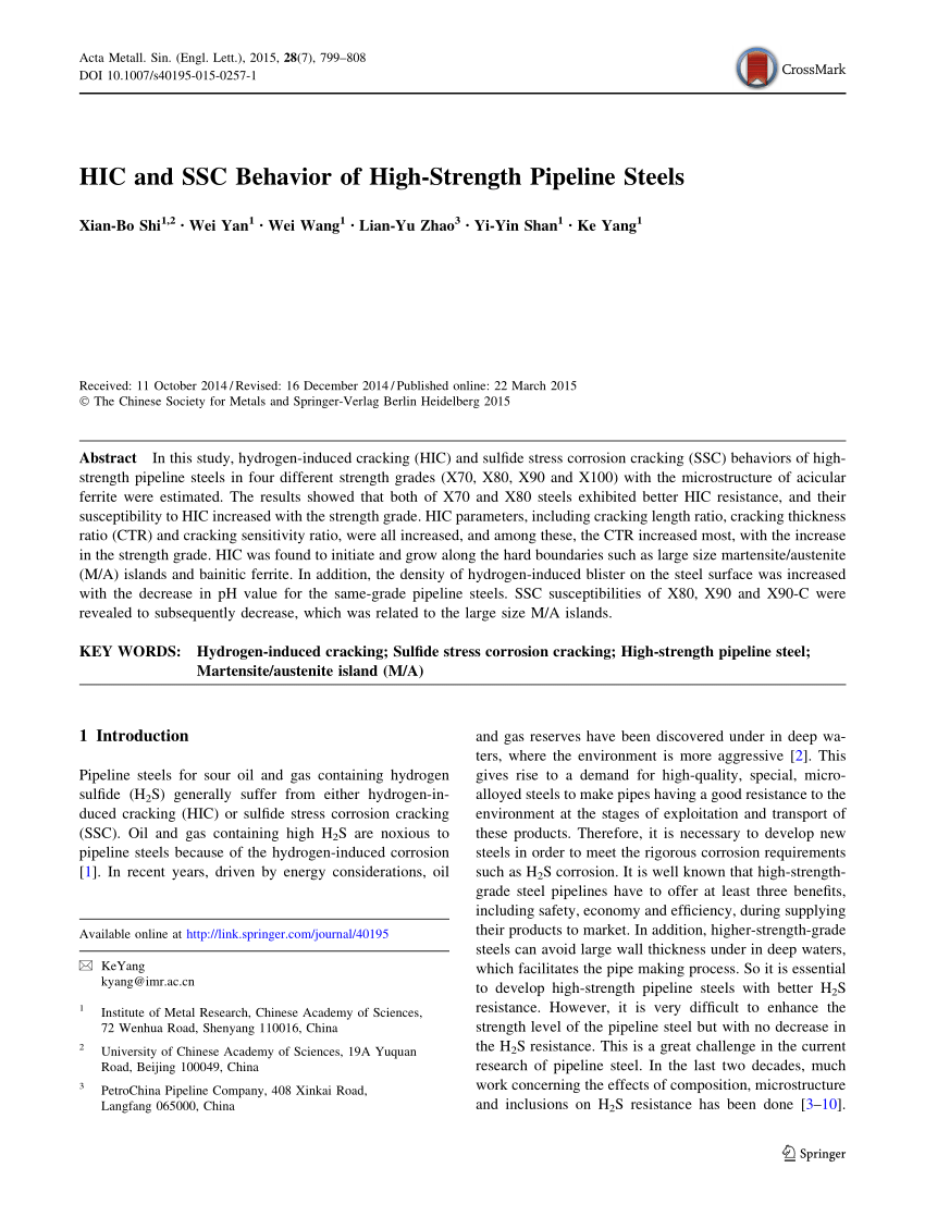 Pdf Hic And Ssc Behavior Of High Strength Pipeline Steels