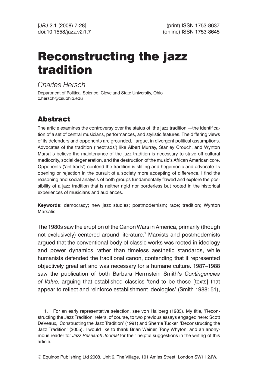 Pdf Reconstructing The Jazz Tradition