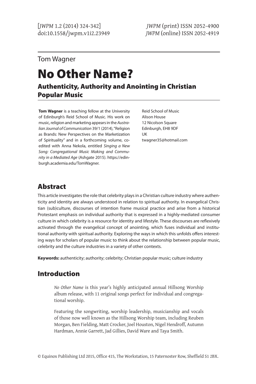 Pdf No Other Name Authenticity Authority And Anointing In Christian Popular Music