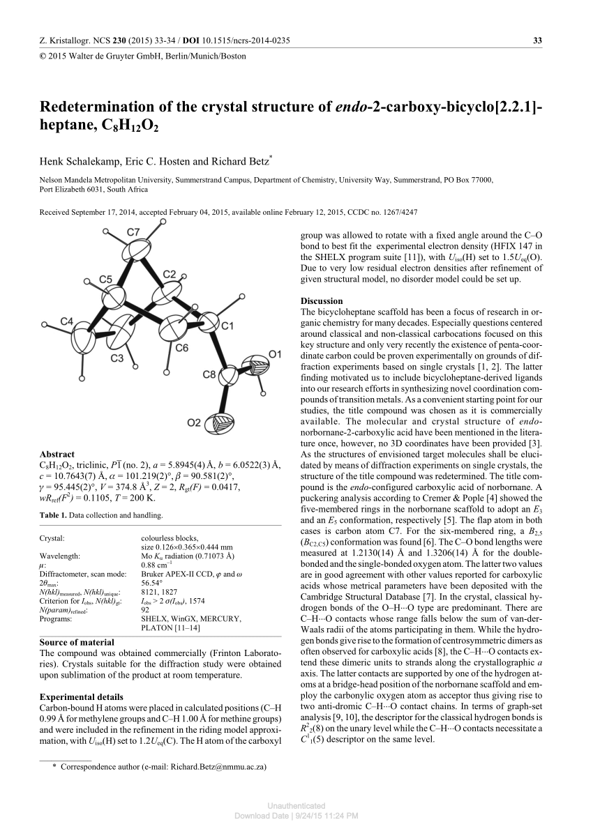 Pdf Redetermination Of The Crystal Structure Of Endo 2 Carboxy Bicyclo 2 2 1 Heptane C8h12o2